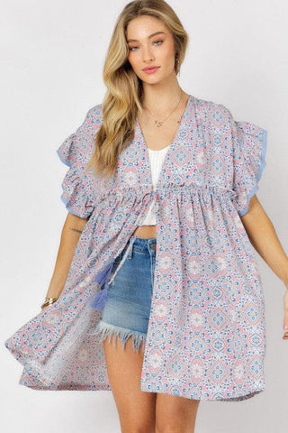 DAVI & DANI Printed Short Sleeve Ruffle Kimono - SwagglyLife Home & Fashion