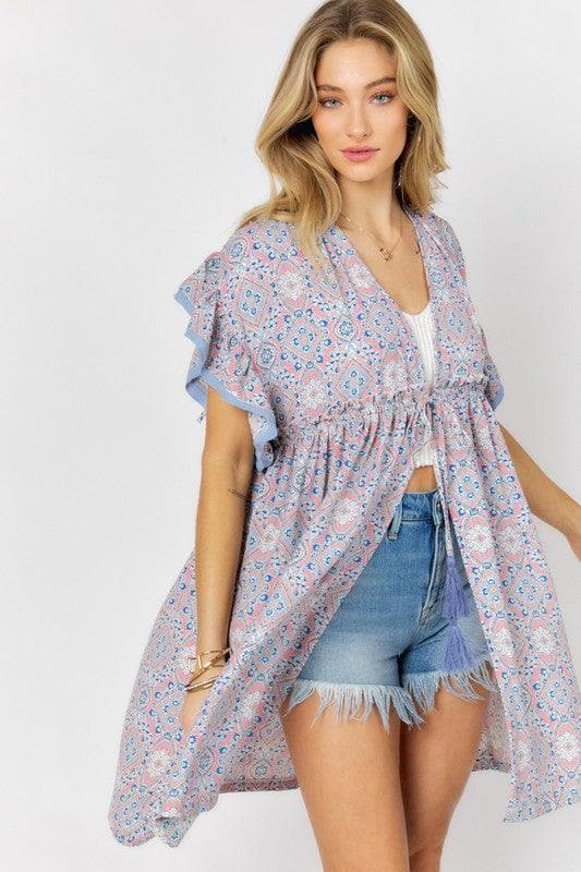 DAVI & DANI Printed Short Sleeve Ruffle Kimono - SwagglyLife Home & Fashion