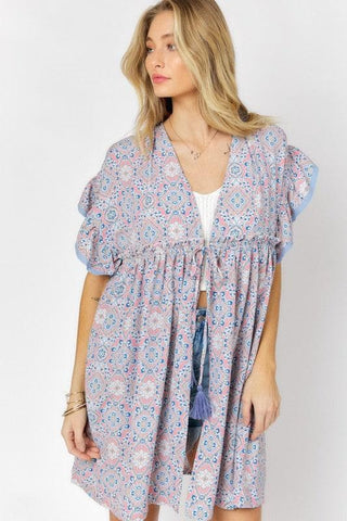 DAVI & DANI Printed Short Sleeve Ruffle Kimono - SwagglyLife Home & Fashion