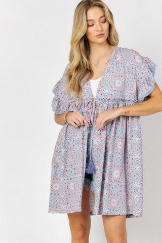 DAVI & DANI Printed Short Sleeve Ruffle Kimono - SwagglyLife Home & Fashion