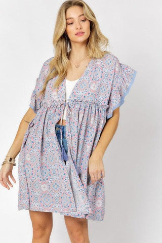 DAVI & DANI Printed Short Sleeve Ruffle Kimono - SwagglyLife Home & Fashion