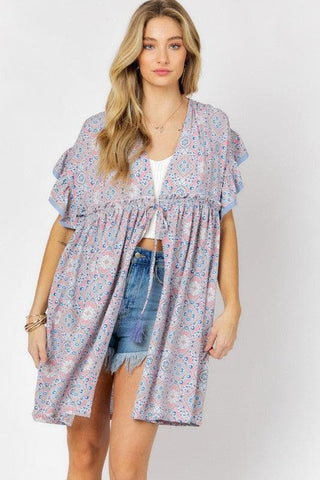 DAVI & DANI Printed Short Sleeve Ruffle Kimono - SwagglyLife Home & Fashion