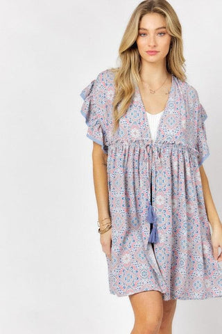 DAVI & DANI Printed Short Sleeve Ruffle Kimono - SwagglyLife Home & Fashion