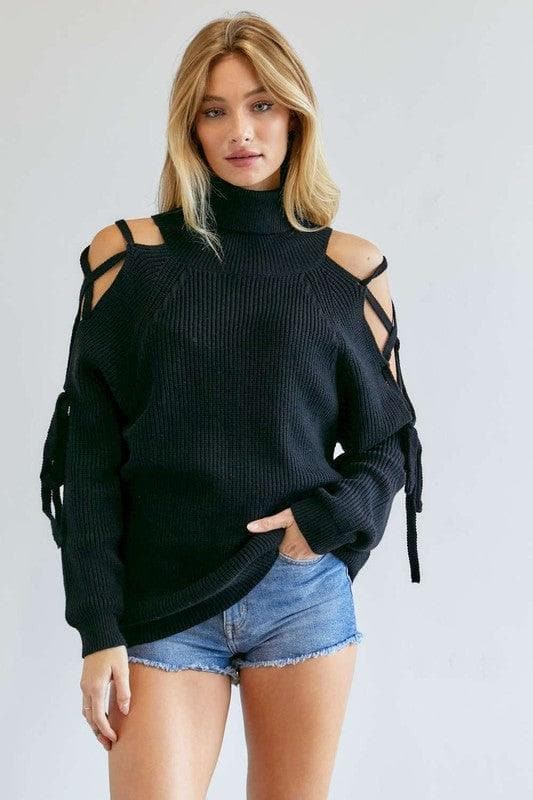 DAVI & DANI Solid Turtleneck Cutout Long Sleeve Sweater - SwagglyLife Home & Fashion