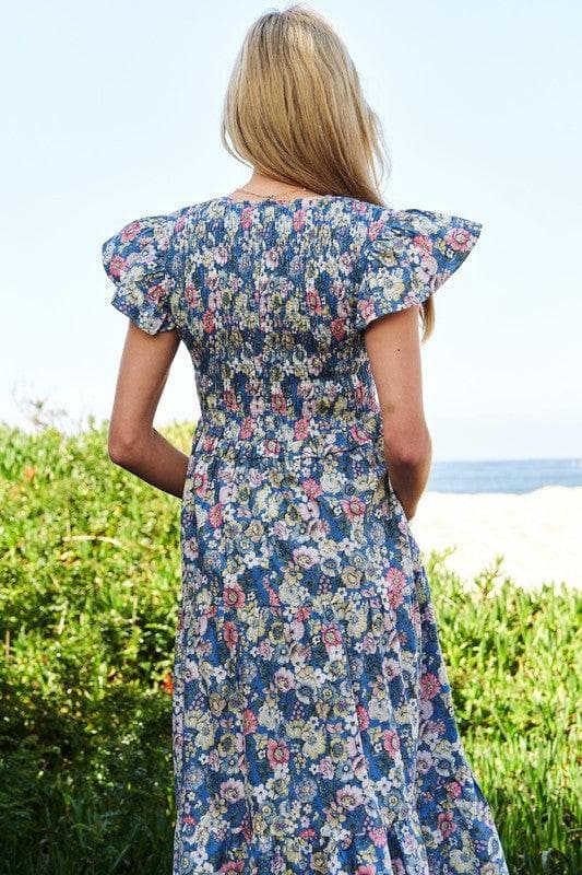 Davi & Dani Vintage Garden Floral Flutter Smocking Midi Dress - SwagglyLife Home & Fashion