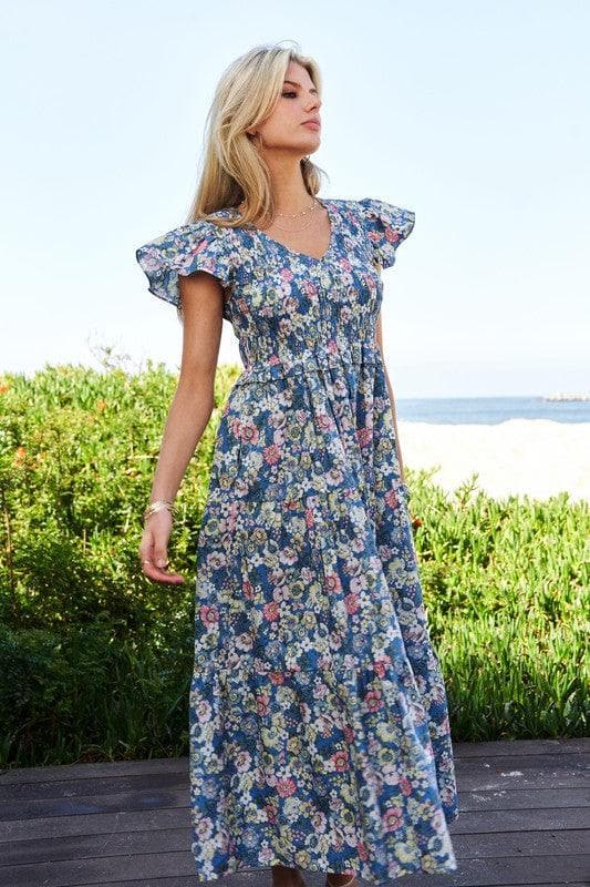 Davi & Dani Vintage Garden Floral Flutter Smocking Midi Dress - SwagglyLife Home & Fashion