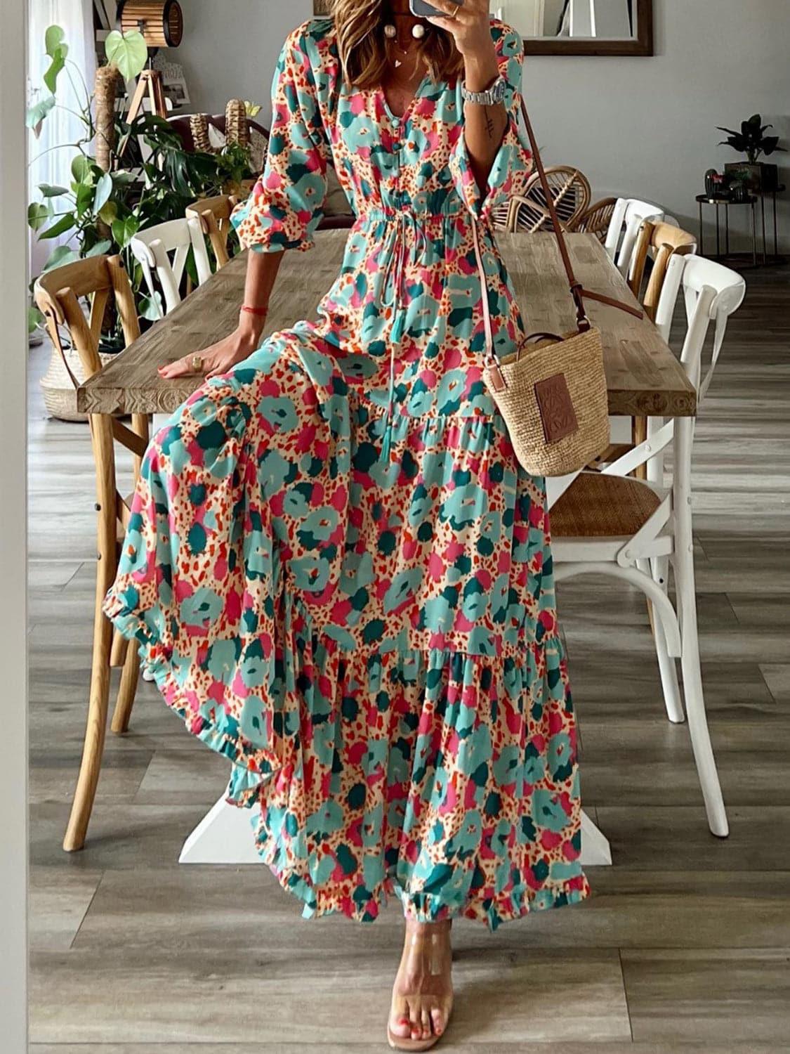 Saturday Flower Run Tassel Printed Three-Quarter Sleeve Dress - SwagglyLife Home & Fashion
