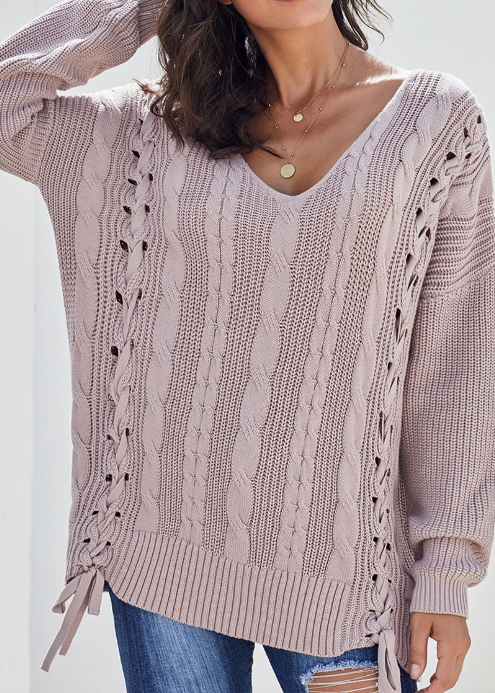 Cable Knit Lace Up V-Neck Sweater