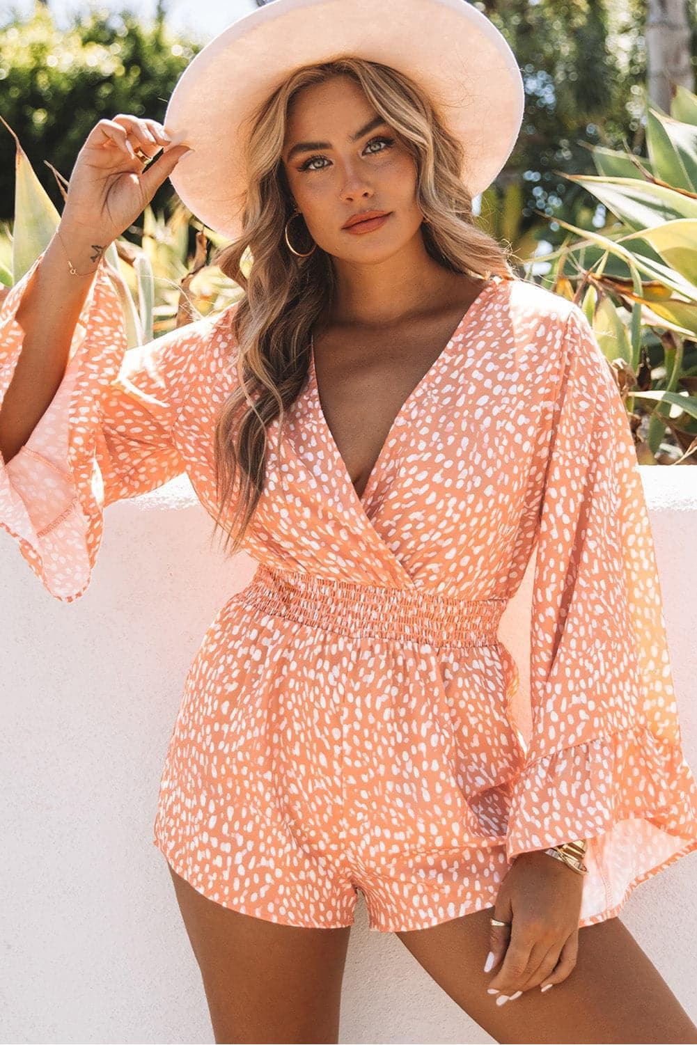 Printed Flare Sleeve Surplice Romper - SwagglyLife Home & Fashion