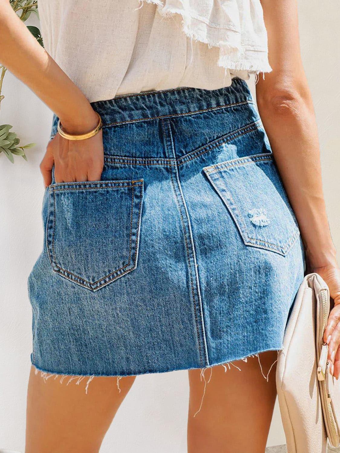 Debbie Button-Fly Distressed Raw Hem Denim Skirt - SwagglyLife Home & Fashion