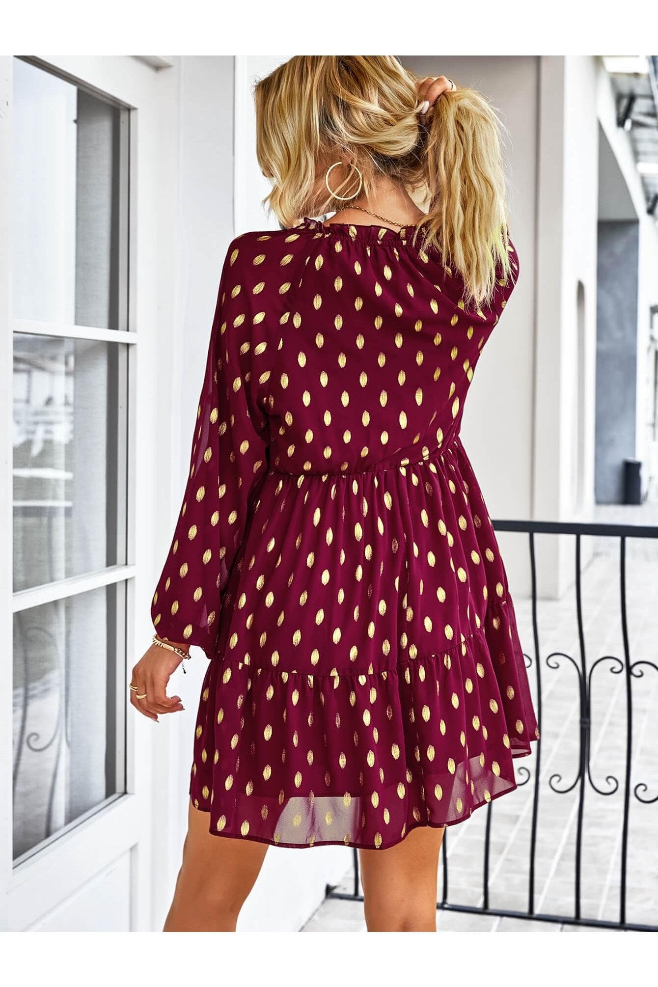 Dotted Tie-Neck Frill Trim Tiered Dress