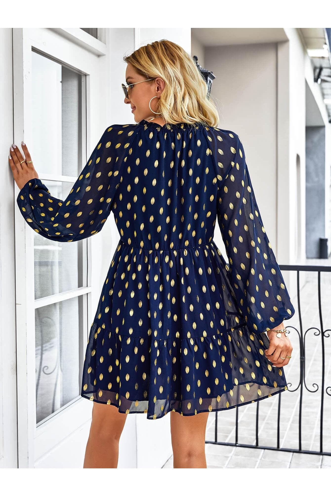 Dotted Tie-Neck Frill Trim Tiered Dress