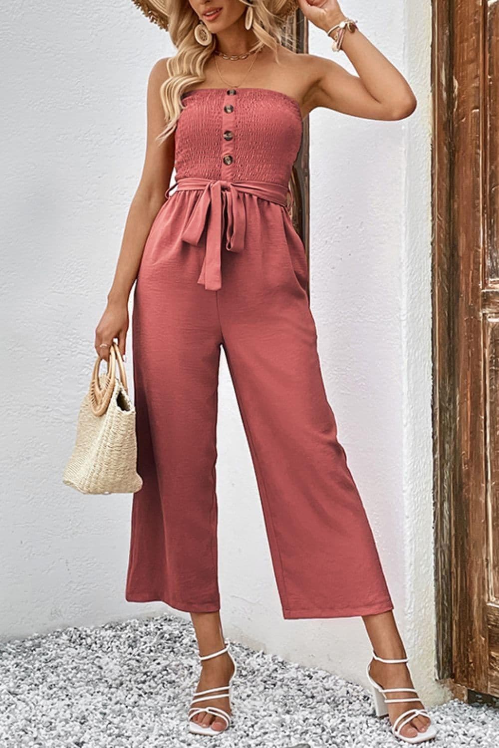 Decorative Button Strapless Smocked Jumpsuit with Pockets - SwagglyLife Home & Fashion