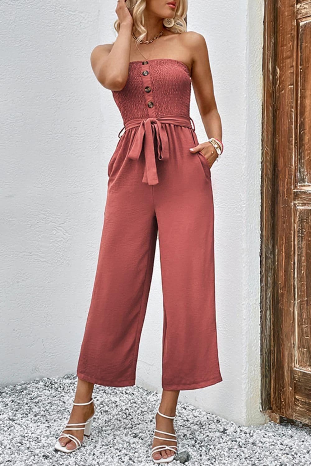 Decorative Button Strapless Smocked Jumpsuit with Pockets - SwagglyLife Home & Fashion