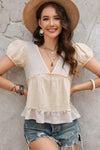 Deep V Frill Trim Babydoll Blouse, Ivory - SwagglyLife Home & Fashion