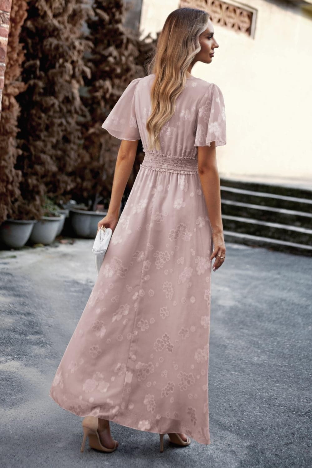 Floral Print V-Neck Smocked Waist High Slit Maxi Dress - SwagglyLife Home & Fashion