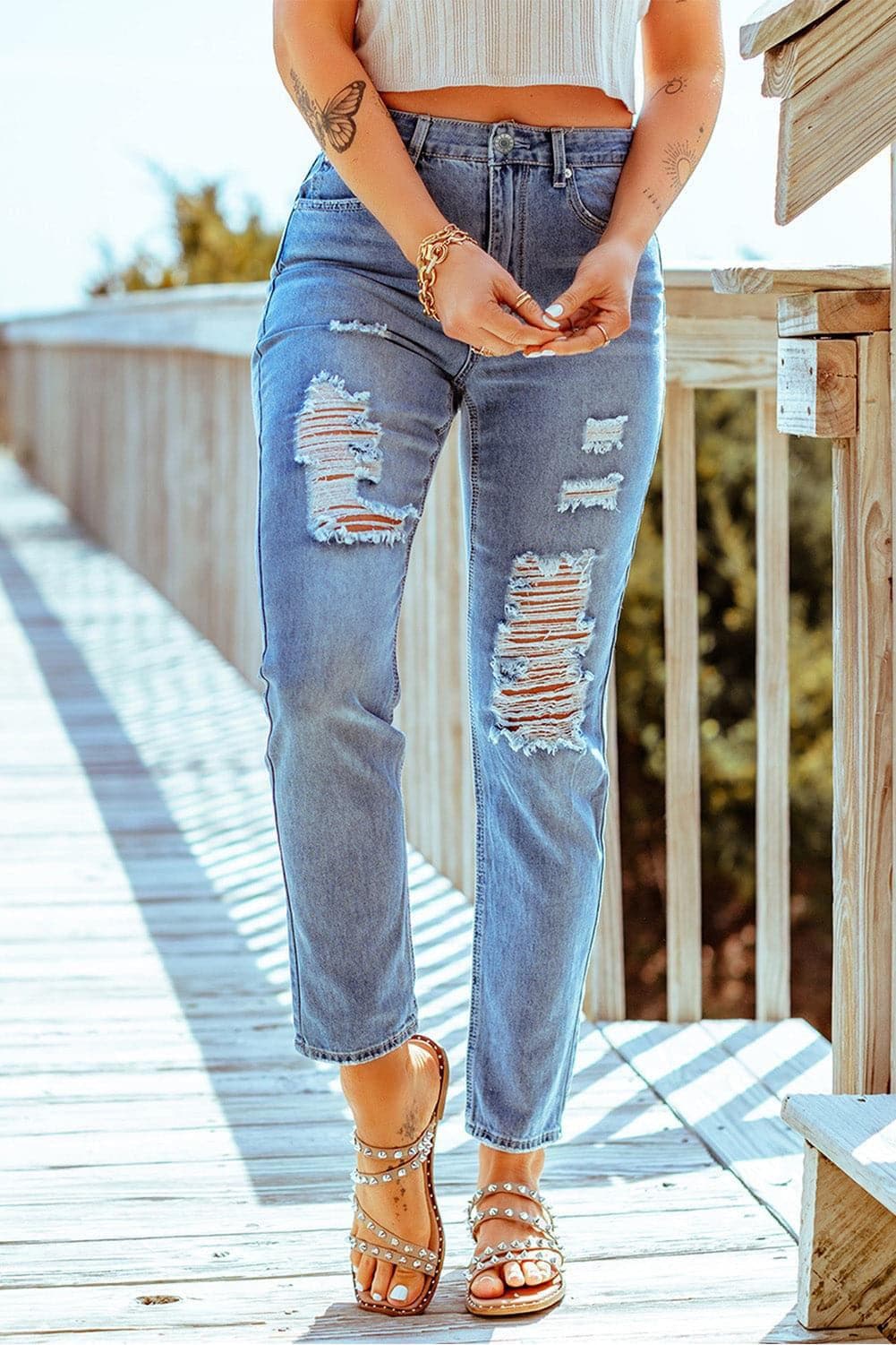 Distressed Ankle-Length Straight Leg Jeans - SwagglyLife Home & Fashion