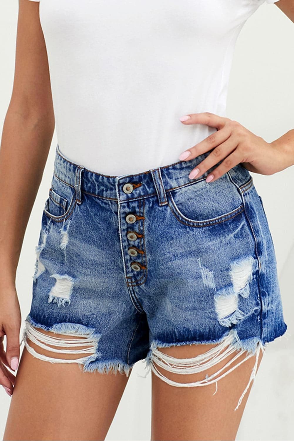 Distressed Button Fly Denim Shorts - SwagglyLife Home & Fashion