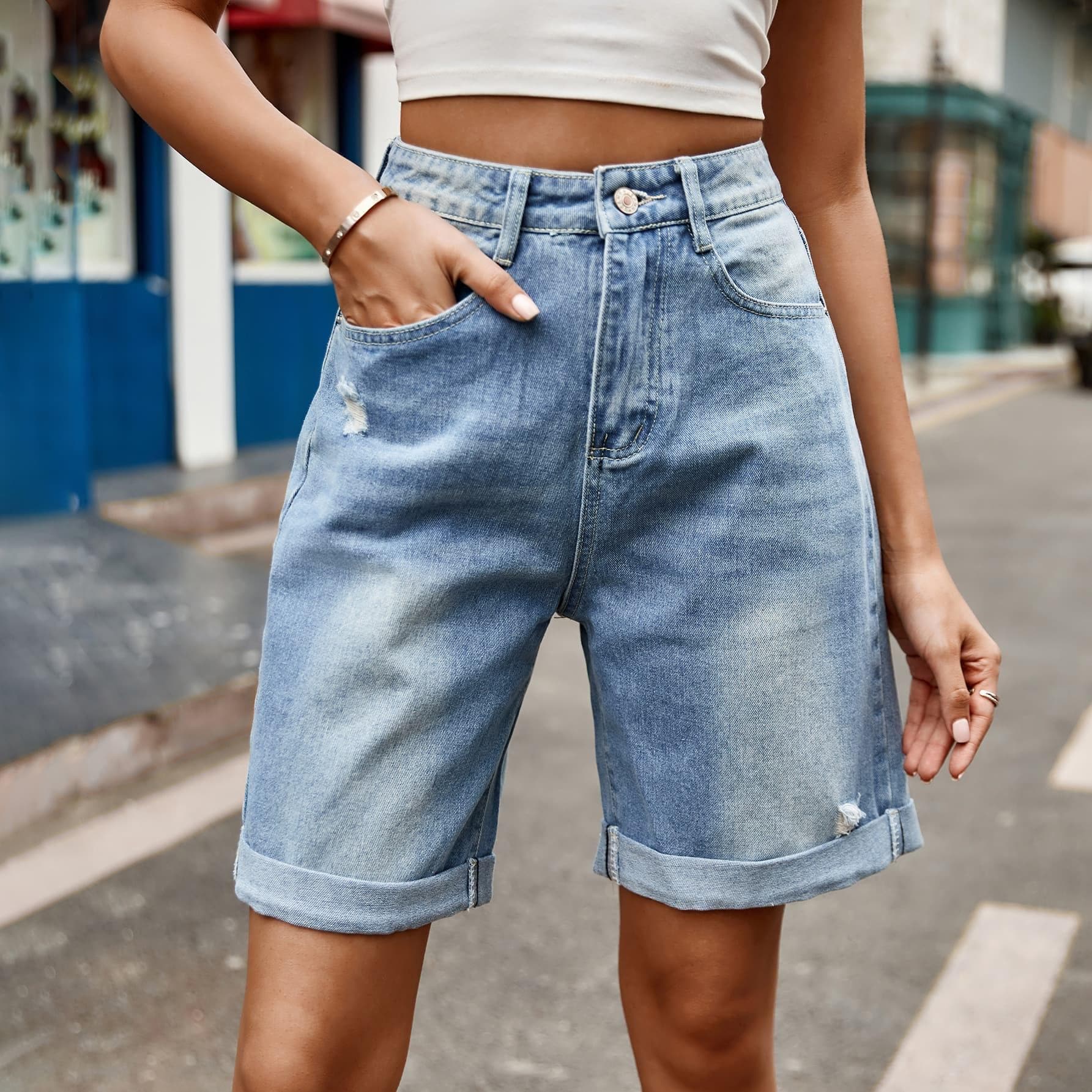 Distressed Buttoned Denim Shorts with Pockets - SwagglyLife Home & Fashion