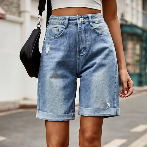 Distressed Buttoned Denim Shorts with Pockets - SwagglyLife Home & Fashion