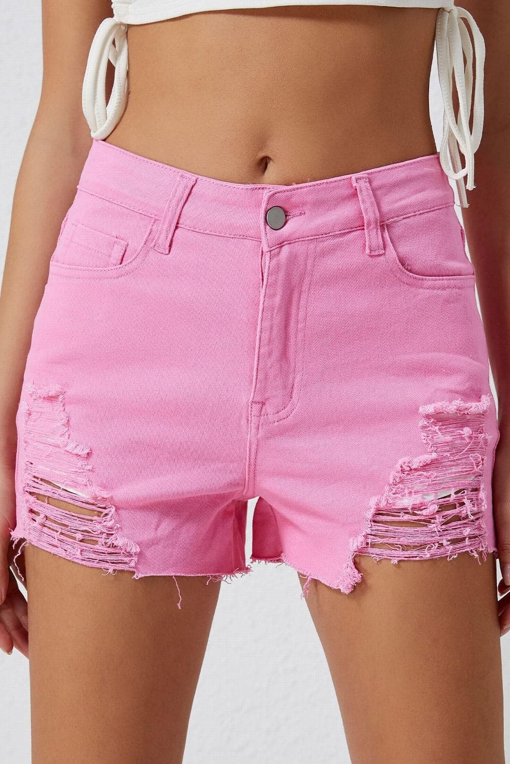 Distressed Denim Shorts, Fuchsia Pink - SwagglyLife Home & Fashion