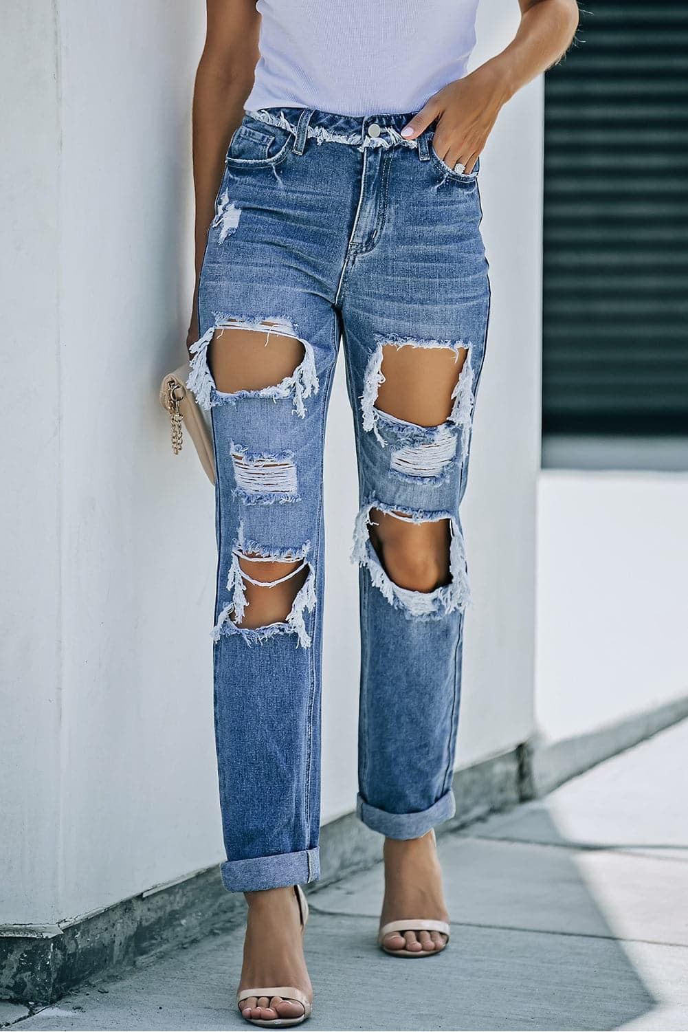 Distressed Frayed Trim Straight Leg Jeans - SwagglyLife Home & Fashion