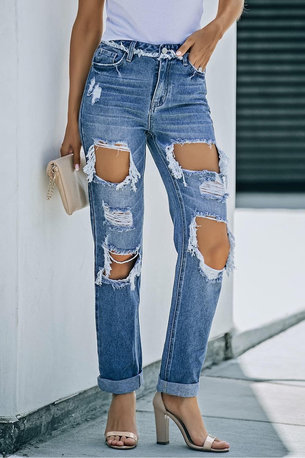 Distressed Frayed Trim Straight Leg Jeans - SwagglyLife Home & Fashion
