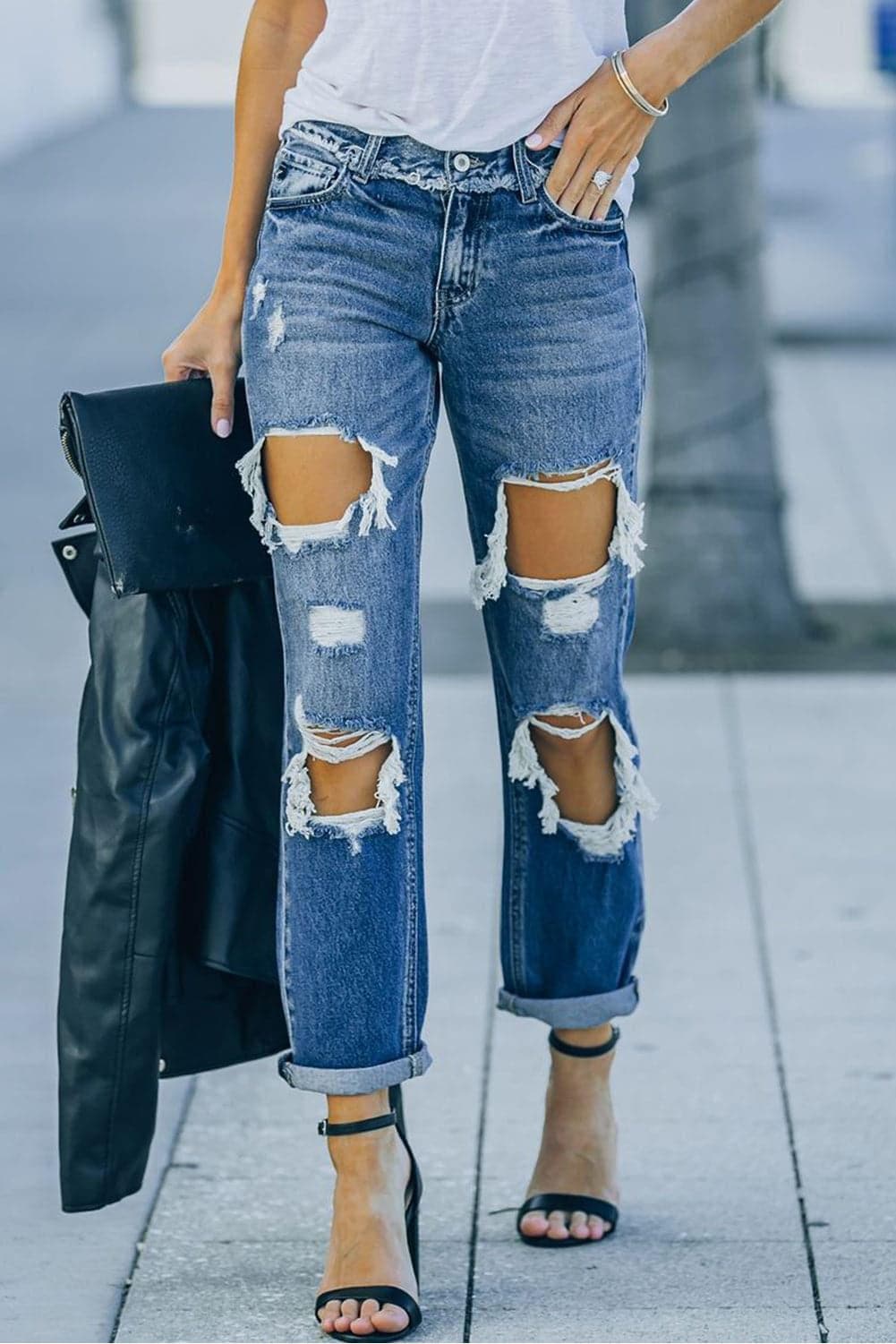 Distressed Frayed Trim Straight Leg Jeans - SwagglyLife Home & Fashion