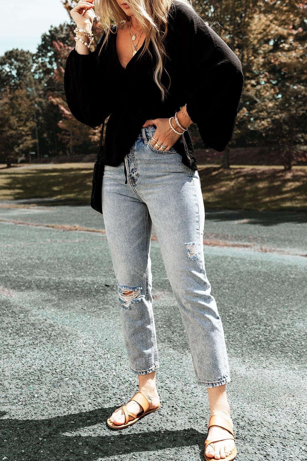 Distressed Straight Jeans with Pockets - SwagglyLife Home & Fashion