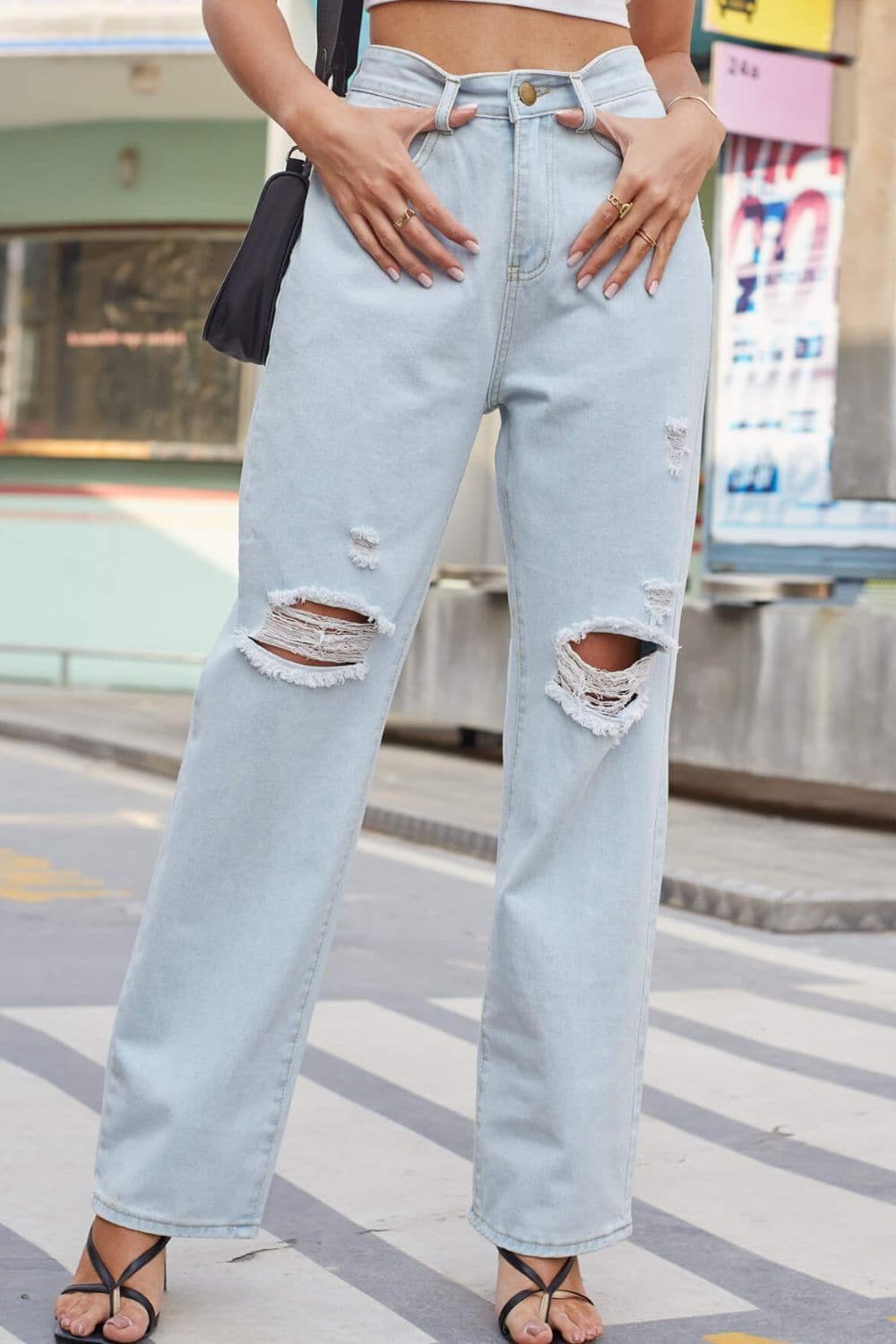 Distressed Straight Leg Jeans with Pockets - SwagglyLife Home & Fashion