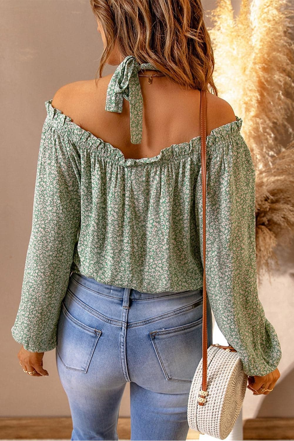 Ditsy Floral Halter Neck Frill Trim Blouse - SwagglyLife Home & Fashion