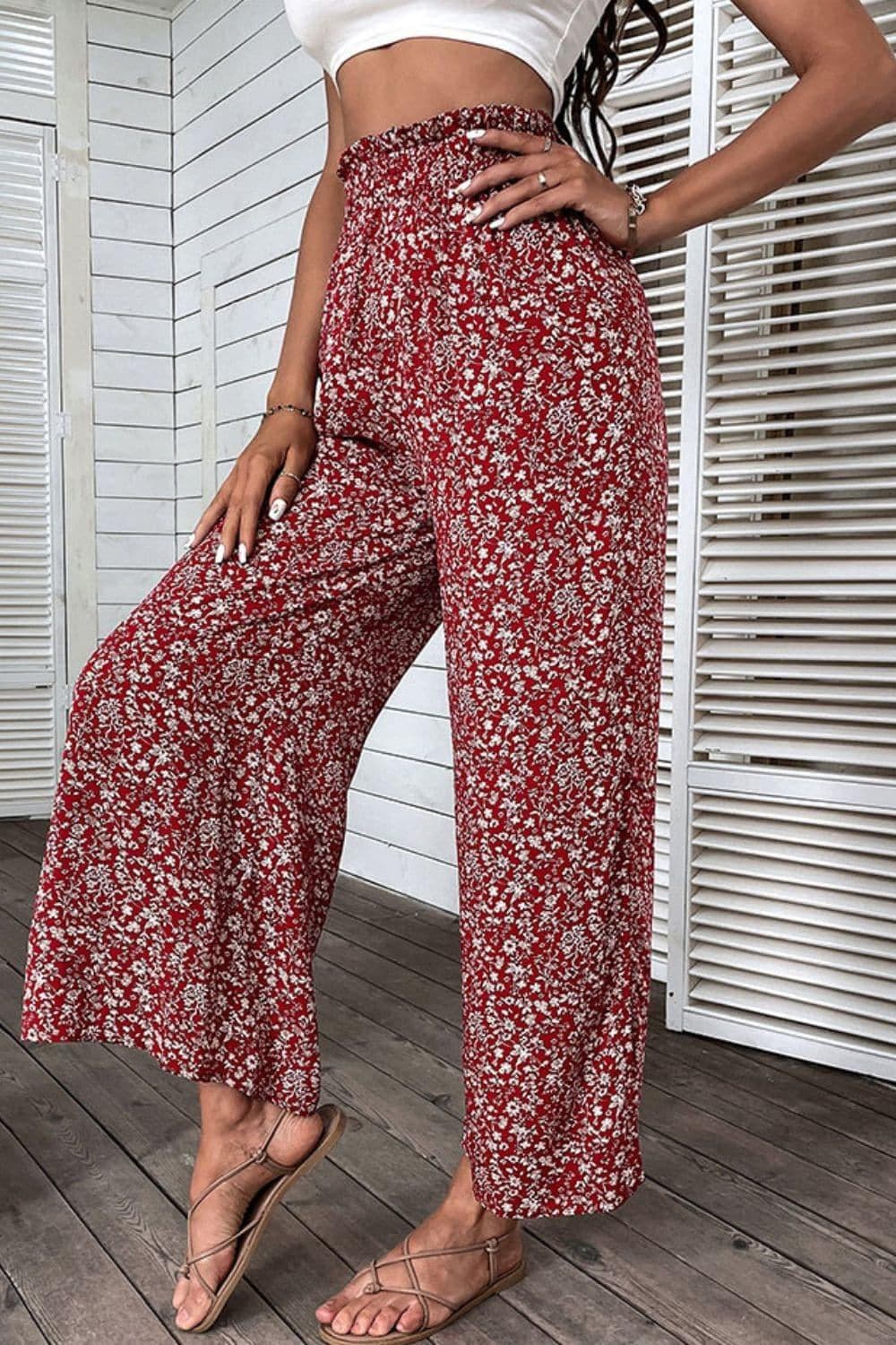 Ditsy Floral Slit Paperbag Waist Wide Leg Pants - SwagglyLife Home & Fashion