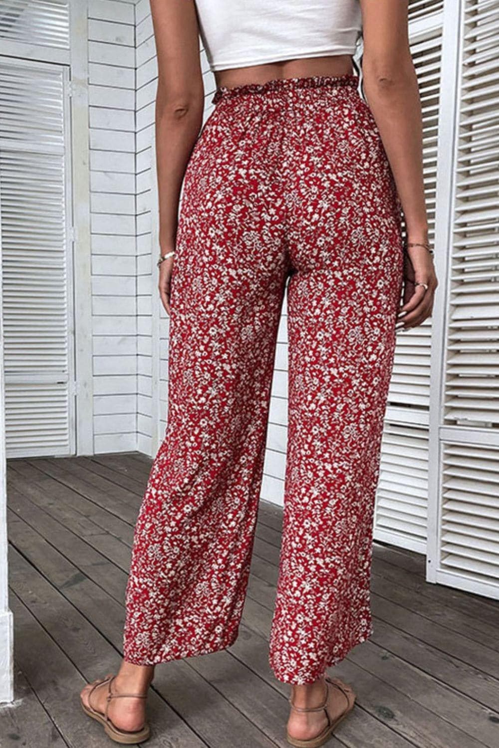 Ditsy Floral Slit Paperbag Waist Wide Leg Pants - SwagglyLife Home & Fashion