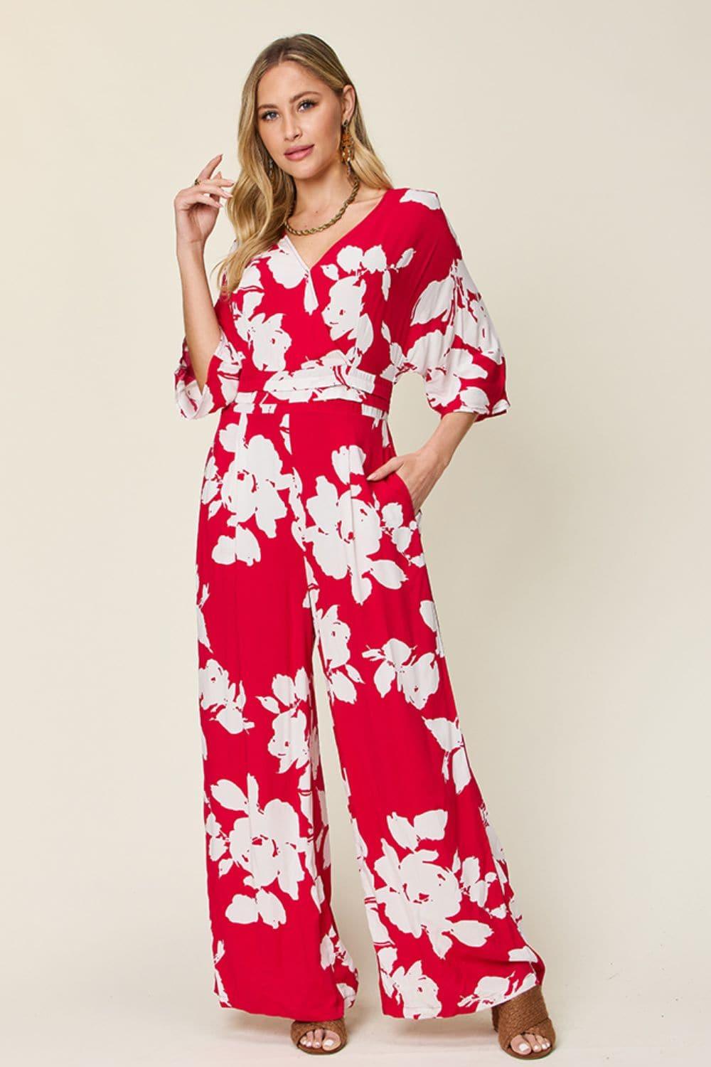 Double Take Full Size Printed Tie Back Wide Leg Jumpsuit - SwagglyLife Home & Fashion