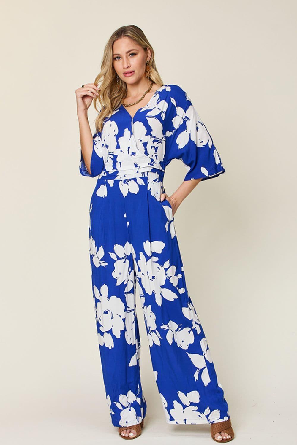 Double Take Full Size Printed Tie Back Wide Leg Jumpsuit - SwagglyLife Home & Fashion