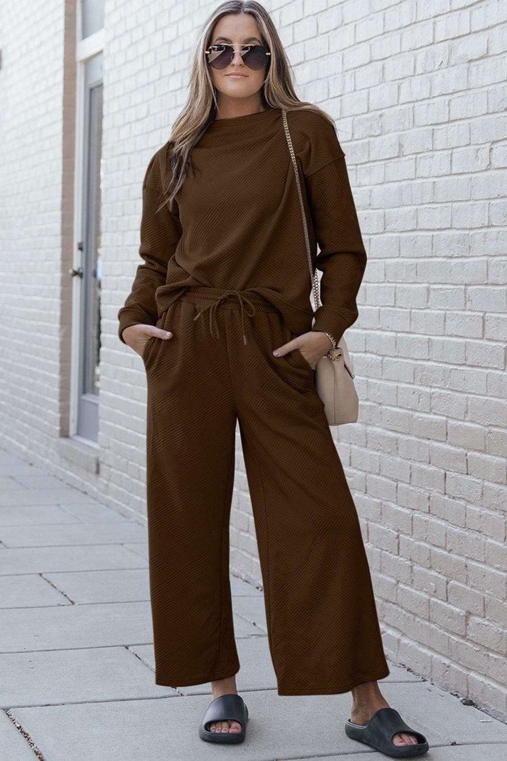 Double Take Full Size Textured Long Sleeve Top and Drawstring Pants Set - SwagglyLife Home & Fashion