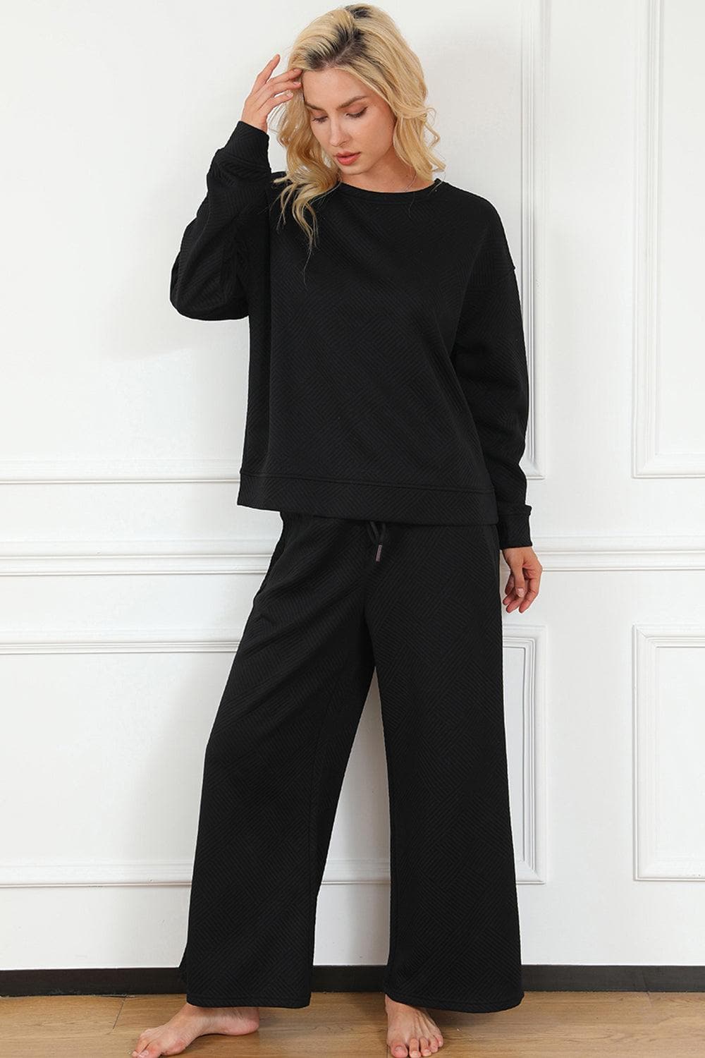 Double Take Full Size Textured Long Sleeve Top and Drawstring Pants Set - SwagglyLife Home & Fashion