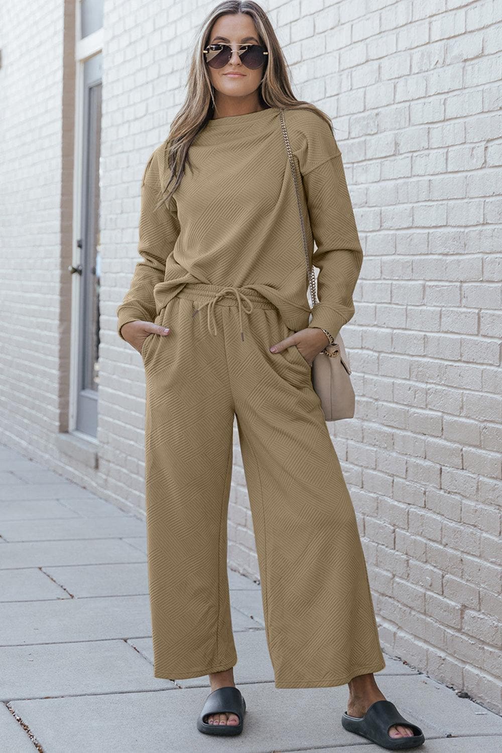 Double Take Full Size Textured Long Sleeve Top and Drawstring Pants Set - SwagglyLife Home & Fashion