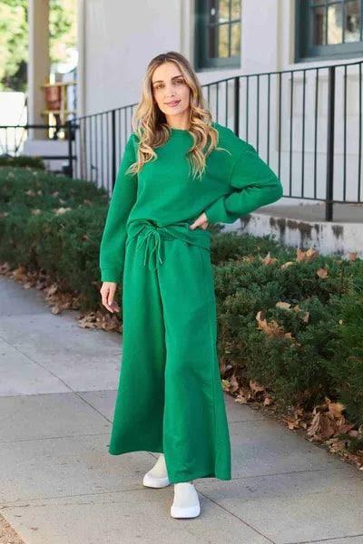 Double Take Full Size Textured Long Sleeve Top and Drawstring Pants Set - SwagglyLife Home & Fashion