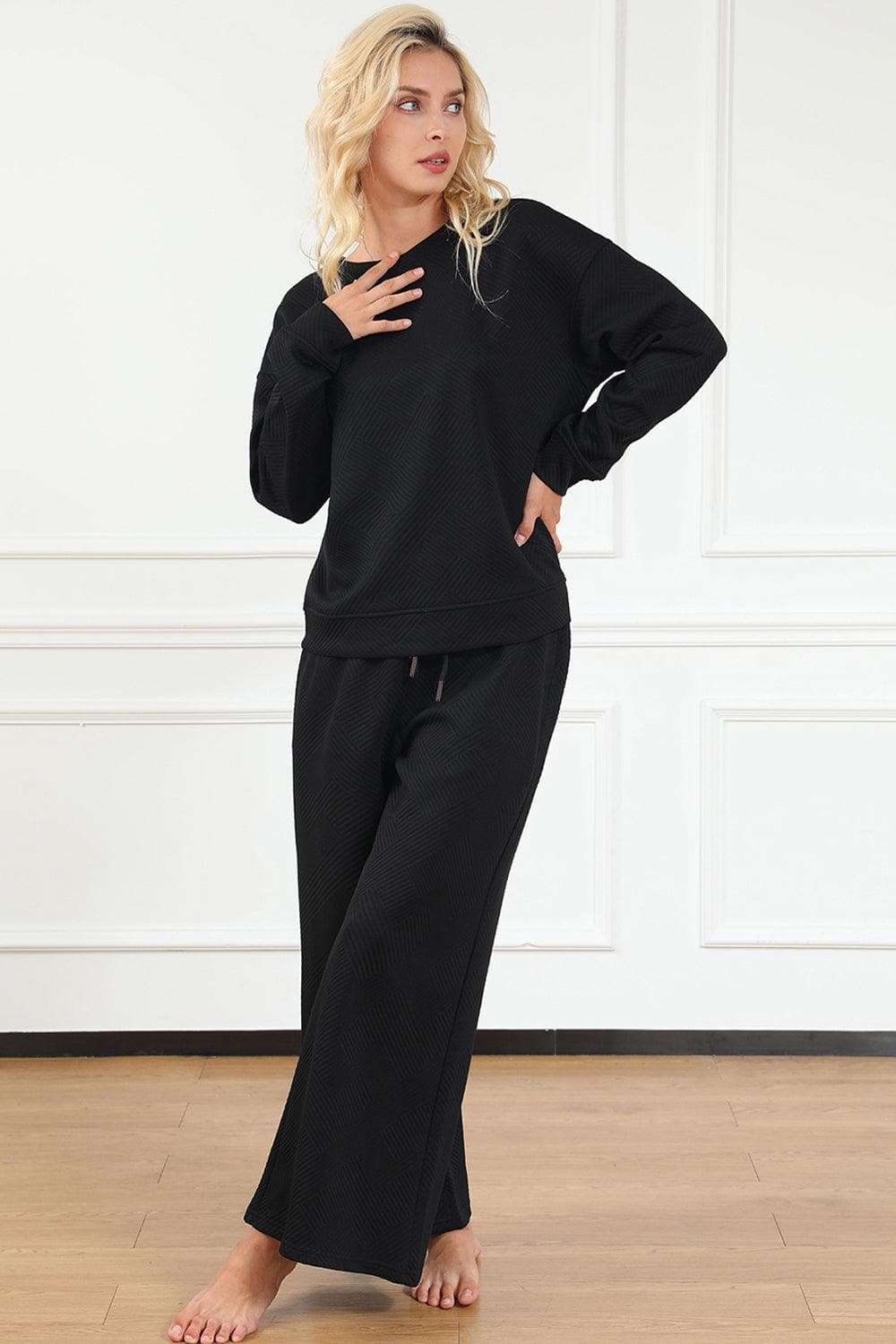 Double Take Full Size Textured Long Sleeve Top and Drawstring Pants Set - SwagglyLife Home & Fashion