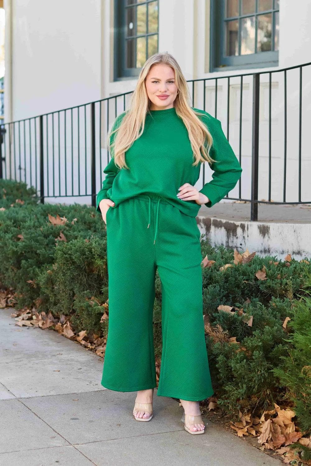 Double Take Full Size Textured Long Sleeve Top and Drawstring Pants Set - SwagglyLife Home & Fashion