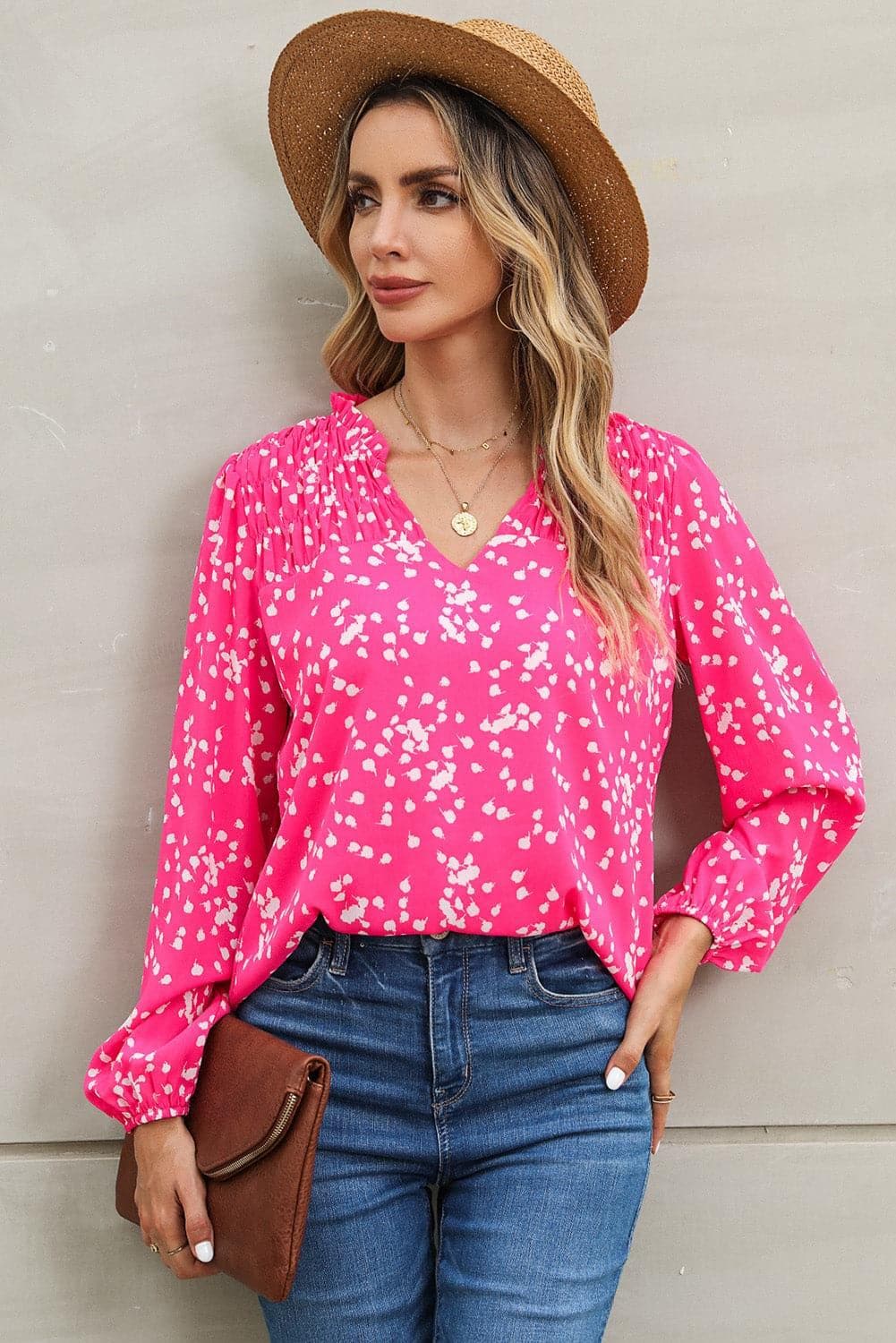 Printed Notched Neck Smocked Blouse, Multiple Colors - SwagglyLife Home & Fashion