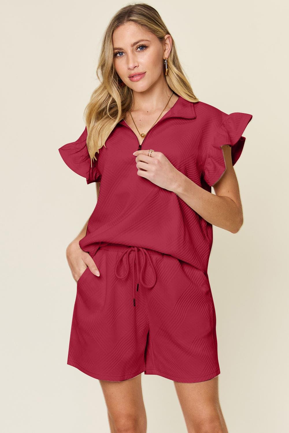 Double Take Texture Flounce Sleeve Top and Drawstring Shorts Set - SwagglyLife Home & Fashion