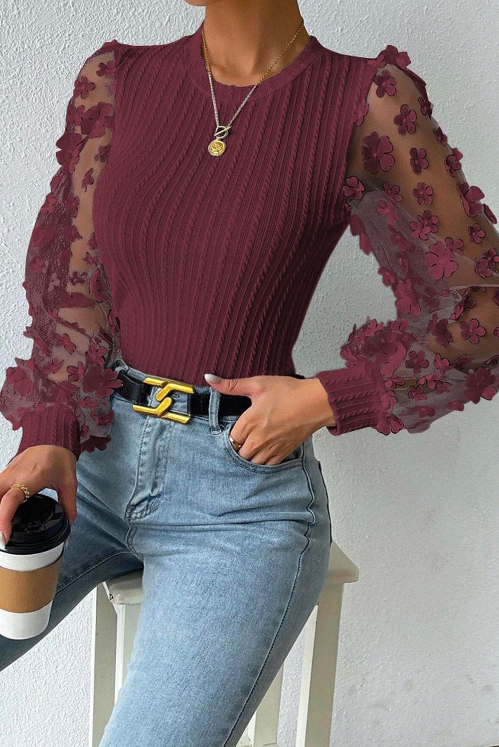 Double Take Textured Applique Long Sleeve Blouse - SwagglyLife Home & Fashion