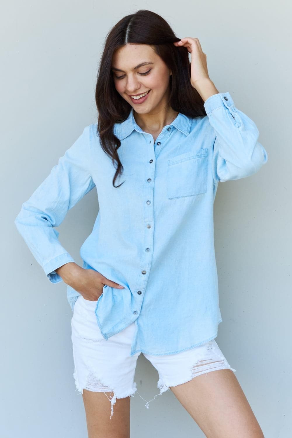 Doublju Blue Jean Baby Denim Button Down Shirt Top in Light Blue - SwagglyLife Home & Fashion