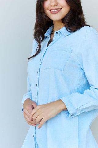 Doublju Blue Jean Baby Denim Button Down Shirt Top in Light Blue - SwagglyLife Home & Fashion