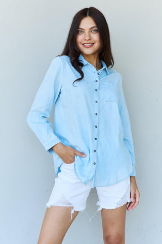 Doublju Blue Jean Baby Denim Button Down Shirt Top in Light Blue - SwagglyLife Home & Fashion