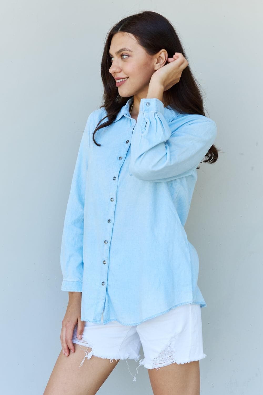 Doublju Blue Jean Baby Denim Button Down Shirt Top in Light Blue - SwagglyLife Home & Fashion