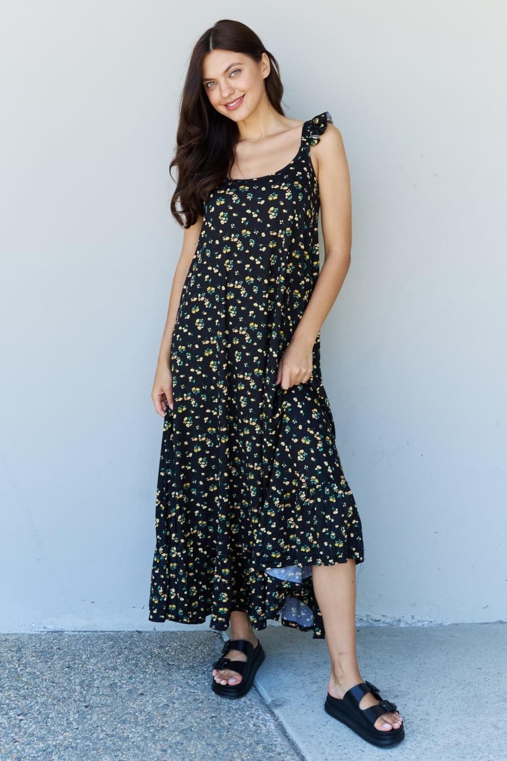 Doublju In The Garden Ruffle Floral Maxi Dress in Black Yellow Floral - SwagglyLife Home & Fashion