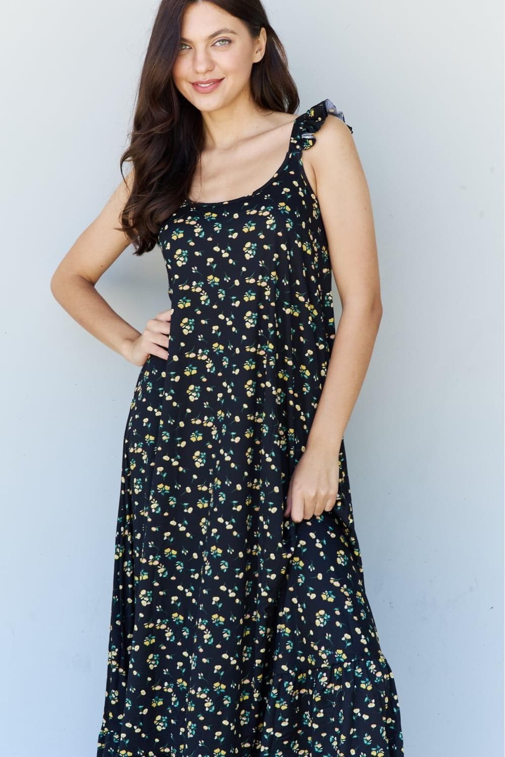 Doublju In The Garden Ruffle Floral Maxi Dress in Black Yellow Floral - SwagglyLife Home & Fashion